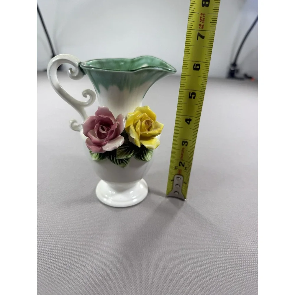 Vintage Wales Japan Ceramic Rose Pitcher Vase Pink Yellow Flowers Green Drip